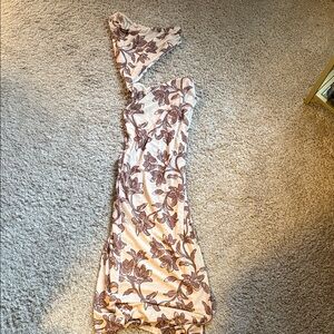 Peppermayo One Shoulder Floral Dress in Cream and Brown